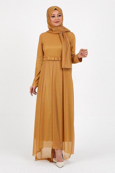 Modamihram Glitter Pleated Evening Dress Taba 12240