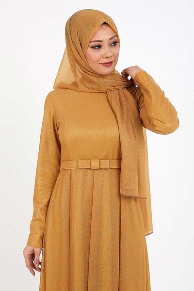 Modamihram Glitter Pleated Evening Dress Taba 12240