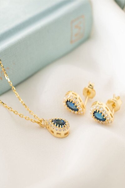 Silvano Jewelry 925 Ayar Gümüş Eylül Ayı Doğum Taşı ( Sapphire ) Kolye - Küpe Seti