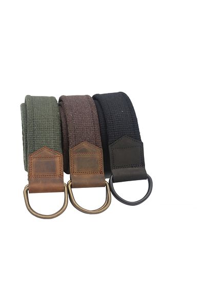 Anatolia Unisex 3-Piece Leather Detailed Green Brown Black Woven Tactical Sport Canvas Cloth Belt with Double D Buckle