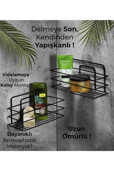 Sas Haus Lifetime Ανοξείδωτη αυτοκόλλητη οργάνωση μπάνιου Σαμπουάν ράφι ντους 2 τμχ Μαύρο Tş-01