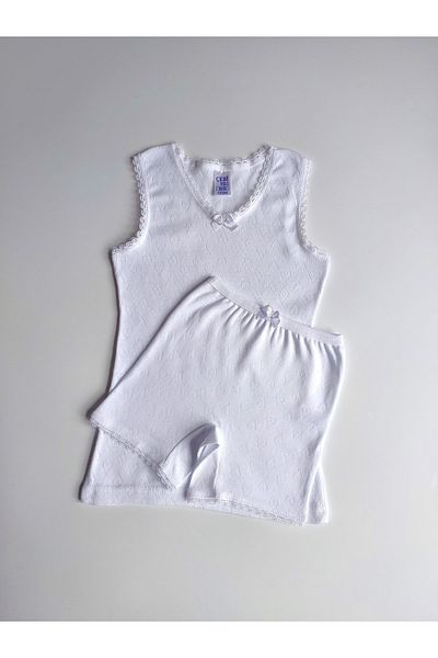 ÇebiKids Girl's 100% Cotton White Undershirt-Cuffed Panties Set