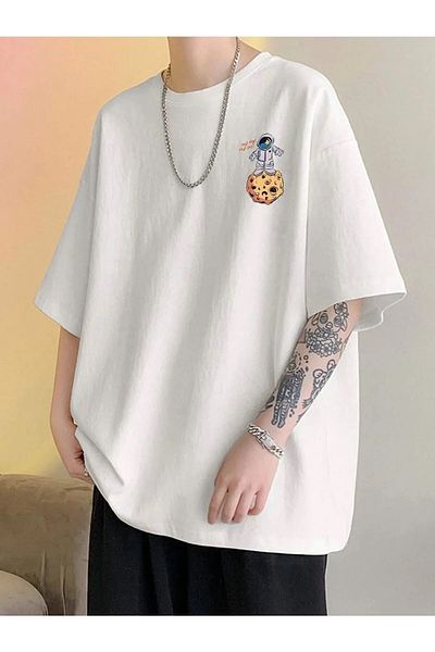 Keywest Tricou oversize cu decolteu rotund cu imprimeu alb unisex The Galaxy Planet