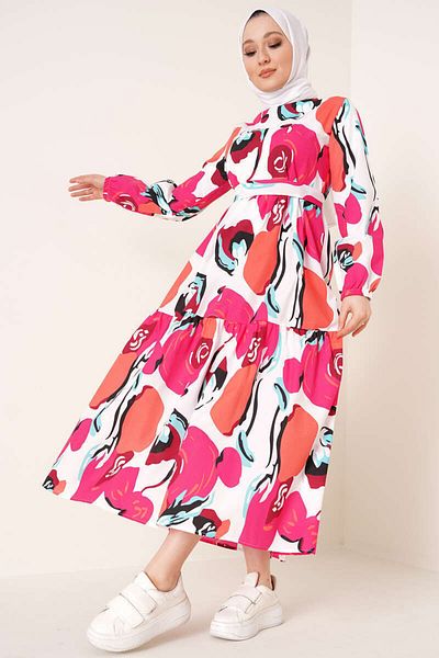 benguen 441 Patterned Hijab Dress Fuchsia
