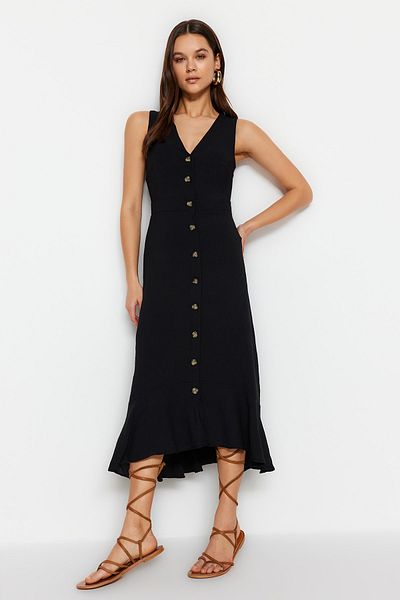 Trendyol Collection Černé tkané midi košilové šaty s výstřihem do V TWOSS23EL02158