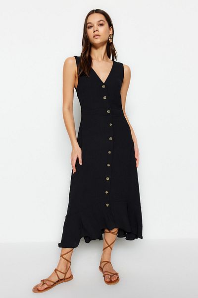 Trendyol Collection Černé tkané midi košilové šaty s výstřihem do V TWOSS23EL02158