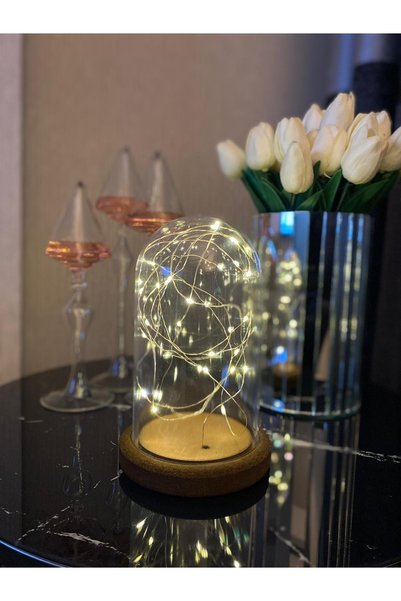 AUSVAR Teraryum Ters Fanus Ahşap Tabanlı Mika Cam 3 Mt Peri Led Piller Dahil