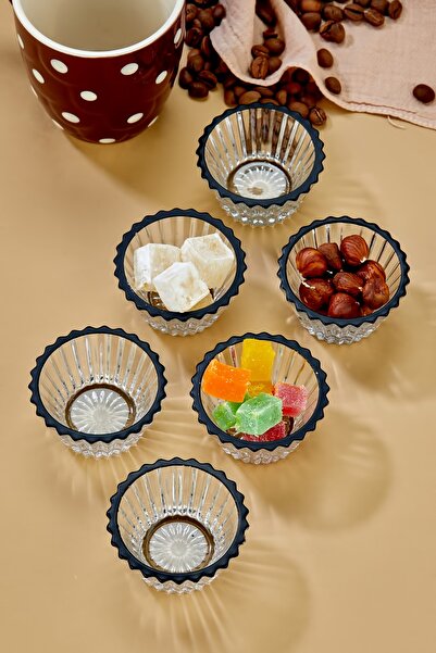 Zeryas Home Matte Black Embroidered Glass Jam and Coffee Jug, Snack Bowl, Sauce Bowl, Presentation Bowl Mini Set of 6