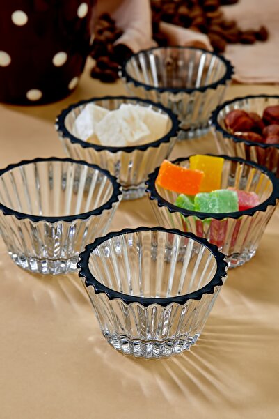 Zeryas Home Matte Black Embroidered Glass Jam and Coffee Jug, Snack Bowl, Sauce Bowl, Presentation Bowl Mini Set of 6