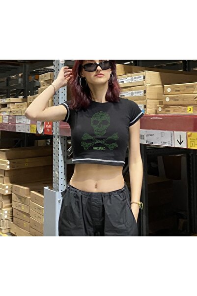 Touz Хакнат принт с обратен шев, черен къс топ