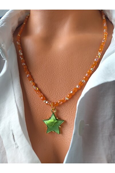 ZeynDesign Kadın Kristal Turuncu Yeşil Sedef Yıldız Kolye