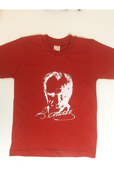 Erkek Çocuk Kırmızı Atatürk Baskılı Bisiklet Yaka T-shirt