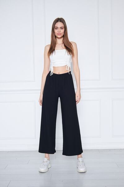 brako tekstil Women's Black Trousers Large Size Waist Elastic Wide Leg Börülce Fabric Trousers