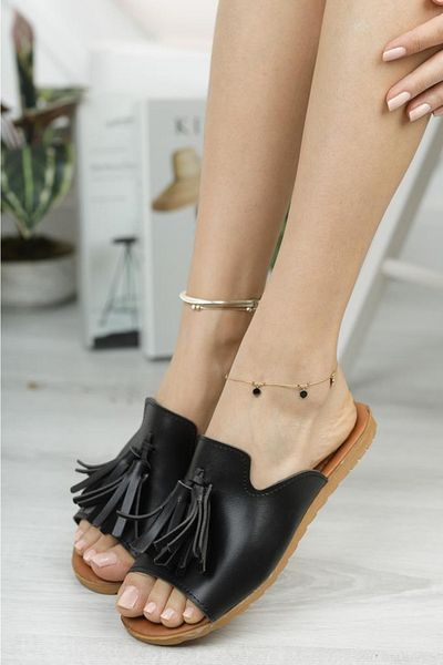 Moda Frato Γυναικείες παντόφλες Wzy Black Tasseled - Για εξωτερική και οικιακή χρήση