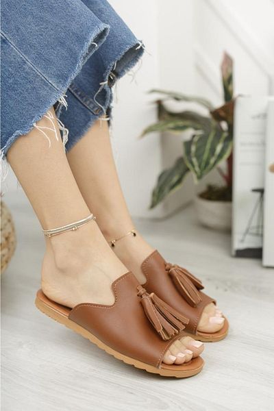 Moda Frato Дамски чехли с пискюли Wzy, кафяви, за дома и открито