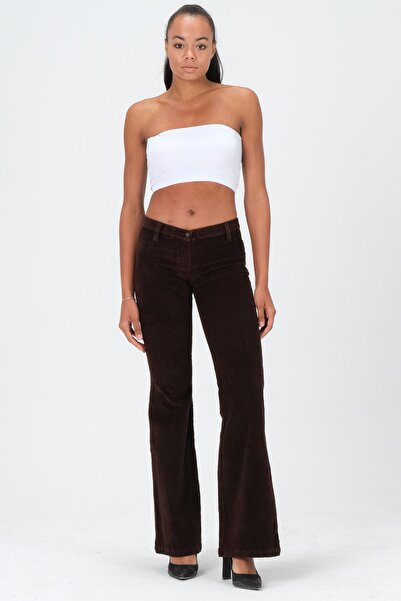 Barkaist Kadın Koyu Kahve Düşük Bel İspanyol Paça Fitilli Kadife Pantolon