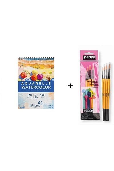 Pebeo Set pensule acuarelă: 1 - 4 bucăți și caiet Van Dyck A5 300gr