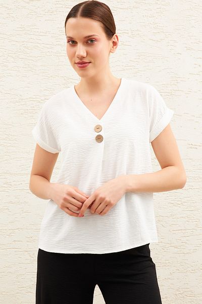 modavingo Women's Ecru V-Neck Two-Button Short Sleeve Aerobin Blouse