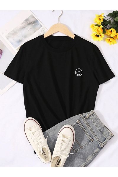 BRAVELY Emoji Smile Printed Black Crew Tshirt με λαιμόκοψη