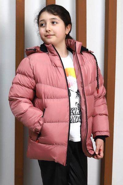 MUSD LİFE Girl's Pink Water and Windproof Detachable Hooded Fur Lined Coat