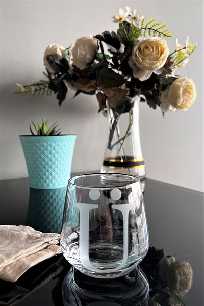 DECOSTYLE Laser Cut Non-Removable Glass Cup with Letter Ü - Suitable for Use as a Candle Holder-Pen Holder-Mini Vase 1 Piece
