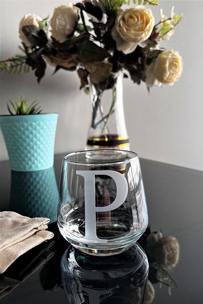 DECOSTYLE P Letter Laser Cut Non-Removable Glass Cup-Candle Holder-Pen Holder-Suitable for Use as a Mini Vase 1 Pc