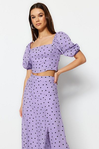 Trendyol Collection Fliederfarbenes Midi-Bluse- und Rock-Set – geteilt, gepunktet, Viskose-gewebt TWOSS20AU0097