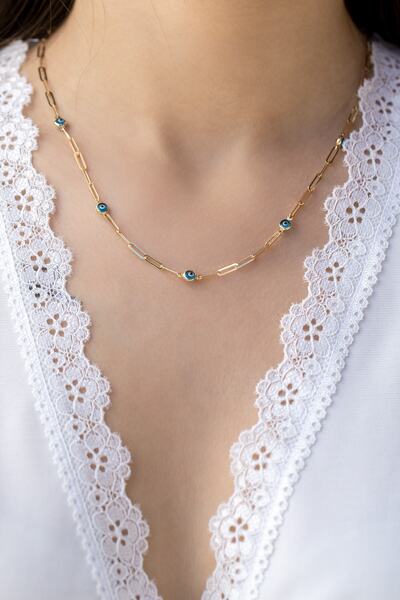 Cenova Jewelry 14 Ayar Altın Ataç Zincirli Nazar Boncuklu Kadın Kolye