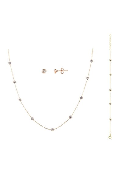 Gümüş Altın Yaldızlı Rose Renk 925 Ayar Gümüş Sıra Taşlı Bileklik Kolye Küpe Set