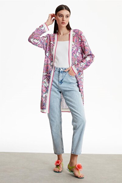 Tığ Triko Şal Desenli Triko Bantlı Dokuma Hırka Fuşya