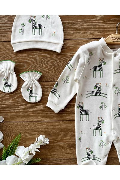 PATSAN Organic Cotton 3-Piece Newborn Set with Gloves, Hat and Booties Baby Rompers Set Zebra
