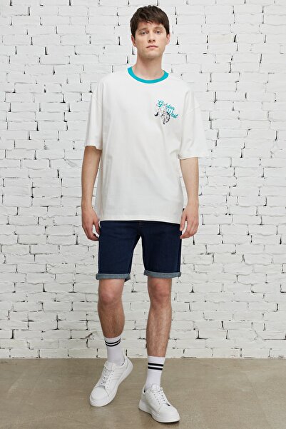 AC&Co / Altınyıldız Classics Ανδρικό μπλουζάκι εκρού Oversize Loose Cut Crew Neck 100% βαμβάκι με στάμπα