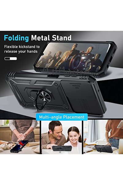 m.tk moveteck Samsung Galaxy A34 5g Case Camera Protected Sliding Ring Armor Military Armor Tank Stand +9H Glass