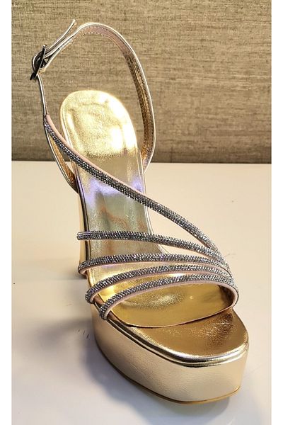 Pine Cone 602 Open Platform Stone Evening Dress Shoes Gold