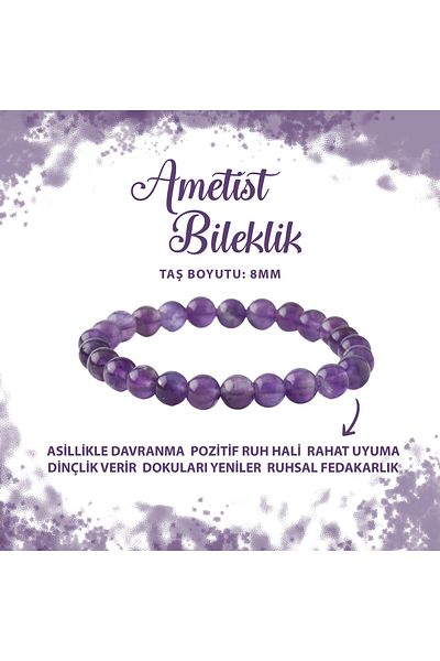 Deniz Doğal Taş Certified Amethyst 8mm Natural Stone Bracelet