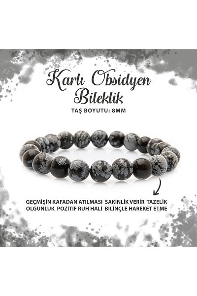Deniz Doğal Taş Certified Snowy Obsidian 8mm Natural Stone Bracelet