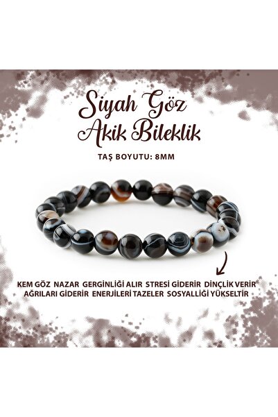 Deniz Doğal Taş Sertifikalı Siyah Göz Akik 8mm Doğal Taş Bileklik