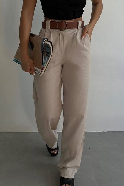 lovebox Women's Stone Belted Pocket Detailed Palazzo Pants 23S01011