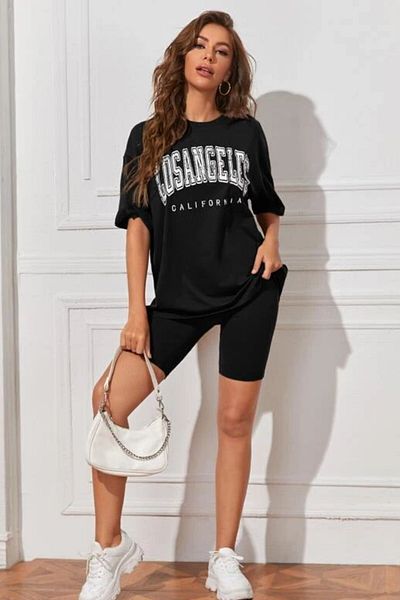 MODAGEN Set de tricou cu imprimeu negru supradimensionat pentru femei