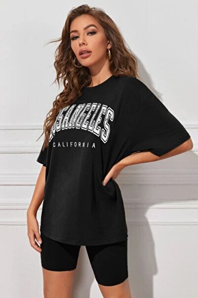 MODAGEN Kadın Oversize Siyah Baskılı Tshirt-Takım