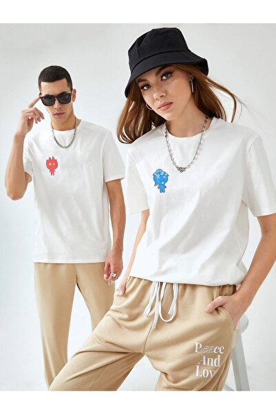 SANTAMİNA Beyaz Unisex Ikili Ateş Ve Su Baskılı Sevgili Çift Bisiklet Yaka Ov...