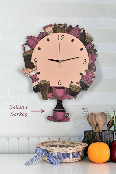 elfidadesign 3 Boyutlu Kahve Dünyası Temalı Sarkaçlı Ahşap Mutfak Duvar Saati...