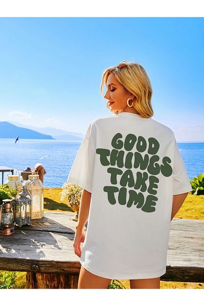 Keywest Tricou alb unisex cu imprimeu supradimensionat - Good Things Take Time