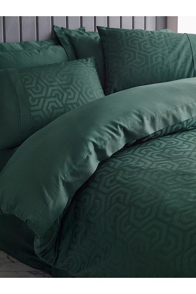 Cotton Box طقم غطاء لحاف ساتان جاكار مزدوج Hexa Green Emh