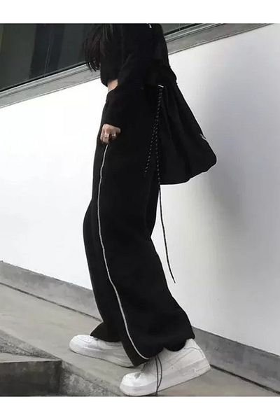 Gofeel Zip Detail Black Tracksuit Leg with Adjustable Black Wide Leg Sweatpants