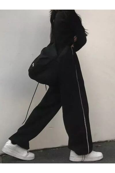 Gofeel Zip Detail Black Tracksuit Leg with Adjustable Black Wide Leg Sweatpants