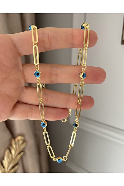 emy by emel luxury silver jewelry Altın Kaplama Nazar Boncuklu Ataç Zincir Ko...