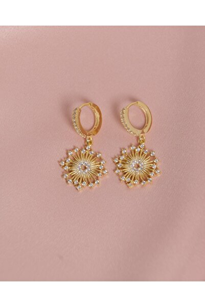 eva silvera Zirkon Taşlı Sallantılı Etnik Desenli Çiçekli Gümüş Küpe Gold Kaplama Anti Alerjik 925 Ayar Gümüş