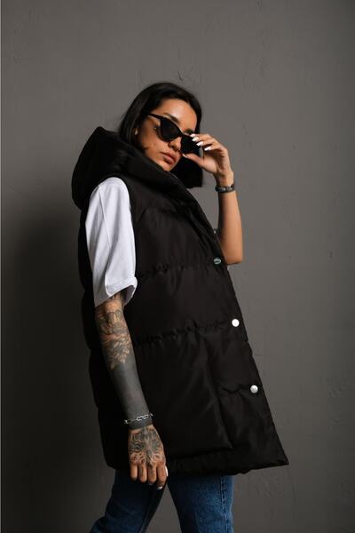 ÖNDER MODA Γυναικείο μαύρο αδιάβροχο και αντιανεμικό εποχιακό γιλέκο με κουκούλα - 96