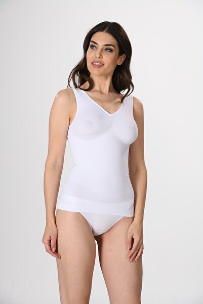 Miss Fit 16528 Women's White Seamless V-Neck Gathering Ribbed Athlete Corset Knitted Seamless